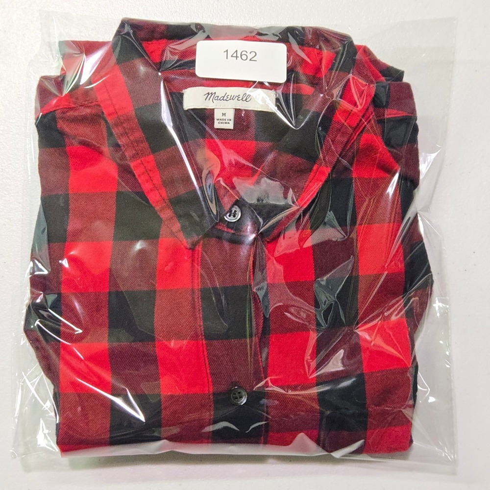 Madewell Buffalo Check Flannel Shirt Women M Red Black Plaid Tie Front Button Up - Picture 14 of 14